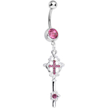 Load image into Gallery viewer, Pink Gem Key to Faith Cross Dangle Belly Ring

