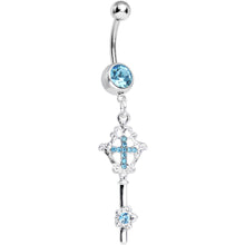 Load image into Gallery viewer, Aqua Gem Key to Faith Cross Dangle Belly Ring
