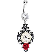Load image into Gallery viewer, Clear Gem Baroque Clock with Red Rose Flower Dangle Belly Ring
