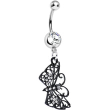 Load image into Gallery viewer, Clear Gem Floral Wings Black Butterfly Dangle Belly Ring

