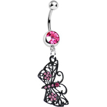 Load image into Gallery viewer, Pink Gem Floral Wings Black Butterfly Dangle Belly Ring
