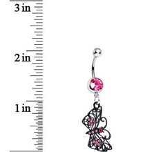 Load image into Gallery viewer, Pink Gem Floral Wings Black Butterfly Dangle Belly Ring
