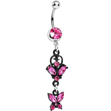 Load image into Gallery viewer, Pink Gem Bejeweled Black Butterfly Dangle Belly Ring
