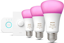 Load image into Gallery viewer, NEW Philips Hue Starter Kit: (3) E26 LED Smart Bulbs (75W) + Smart Button - Adjustable Color and Brightness, Voice Control, Easy Setup
