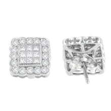Load image into Gallery viewer, 14K White Gold 1.0 Cttw Round Brilliant &amp; Princess Cut Diamond Scallop-Edge Framed Square Halo Stud Earrings (G-H Color, SI1-SI2 Clarity)
