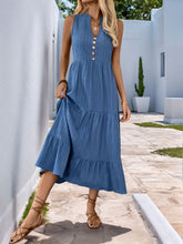 Load image into Gallery viewer, Decorative Dusty Blue Button Notched Sleeveless Dress Elegant &amp; Feminine Style Long Dress For Women
