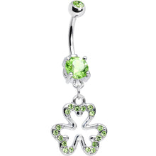 Load image into Gallery viewer, Peridot Cubic Zirconia Brilliant Three Leaf Clover Dangle Belly Ring
