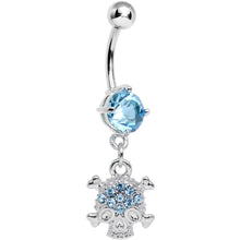 Load image into Gallery viewer, Aqua Gem Crystal Pirate Skull and Crossbones Dangle Belly Ring
