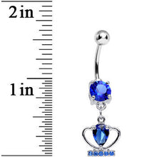 Load image into Gallery viewer, Blue Cubic Zirconia Coronation Day Crown Dangle Belly Ring
