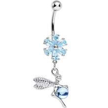 Load image into Gallery viewer, Aqua CZ Flower Topped Orb and Fairy Dangle Belly Ring
