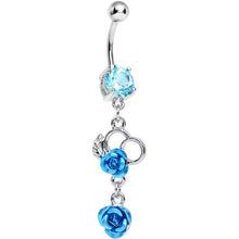 Load image into Gallery viewer, Aqua Gem Blue Metallic Morning Rose Flower Dangle Belly Ring

