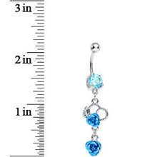 Load image into Gallery viewer, Aqua Gem Blue Metallic Morning Rose Flower Dangle Belly Ring
