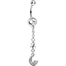 Load image into Gallery viewer, Clear Gem Magic of the Moon and Stars Dangle Belly Ring
