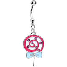 Load image into Gallery viewer, Pink Gem and Pink Swirled Bow Wrapped Lollipop Dangle Belly Ring
