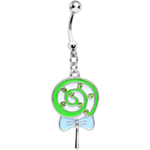 Load image into Gallery viewer, Green Gem and Green Swirled Bow Wrapped Lollipop Dangle Belly Ring
