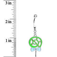 Load image into Gallery viewer, Green Gem and Green Swirled Bow Wrapped Lollipop Dangle Belly Ring
