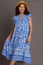 Load image into Gallery viewer, Blue Full Size Two-Tone Print Ruffle Cap Sleeve Midi Dress Plus Size Statement Piece Dress
