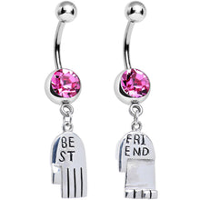 Load image into Gallery viewer, Pink Gem Holding Hands Best Friend Heart Dangle Belly Ring Set
