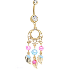 Load image into Gallery viewer, Clear Gem Gold Plated Pearly Feathers Dreamcatcher Dangle Belly Ring
