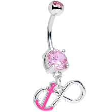 Load image into Gallery viewer, Pink Double Cubic Zirconia Captain Anchor Infinity Dangle Belly Ring
