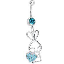 Load image into Gallery viewer, Aqua Cubic Zirconia Hugging Heart Bunny Dangle Belly Ring

