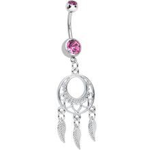 Load image into Gallery viewer, Pink Double CZ Lost in Dreamland Dreamcatcher Dangle Belly Ring
