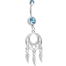 Load image into Gallery viewer, Aqua Double CZ Lost in Dreamland Dreamcatcher Dangle Belly Ring

