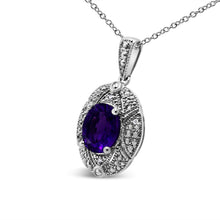 Load image into Gallery viewer, .925 Sterling Silver Diamond Accent and 9x7mm Purple Oval Amethyst Gemstone Pendant 18" Necklace (I-J Color, I1-I2 Clarity)
