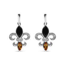 Load image into Gallery viewer, .925 Sterling Silver Marquise Cut Onyx and Citrine with Diamond Accent Fleur De Lis Drop Stud Earrings (H-I Color, SI1-SI2 Clarity)
