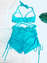 Load image into Gallery viewer, Coastal Curve Halter Bikini Set for Women – V-Neck Crisscross Drawstring Swimsuit with Chic Ring Detail &amp; High-Waisted Boxer Shorts for Summer – Sleek Two-Piece Nylon Swimwear for Women’s Beach &amp; Poolside Style
