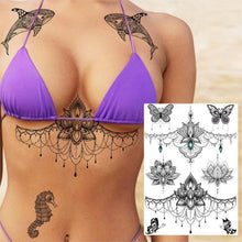 Load image into Gallery viewer, 53 Sheets Black Lace Temporary Tattoos Sticker Butterfly Flower Fake Tatoo Sticker Sexy  Black Henna Temporary Tattoos For Women
