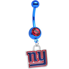 Load image into Gallery viewer, Licensed NFL Red Gem Anodized Titanium NY Giants Dangle Belly Button Ring
