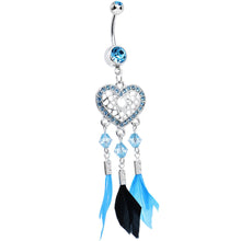 Load image into Gallery viewer, Aqua Gem Blue and Black Feather Flutter Heart Dangle Belly Ring
