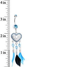 Load image into Gallery viewer, Aqua Gem Blue and Black Feather Flutter Heart Dangle Belly Ring

