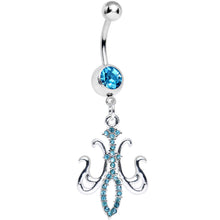 Load image into Gallery viewer, Aqua Gem Magnifique Fleur de Lis Dangle Belly Ring

