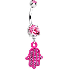 Load image into Gallery viewer, Pink Double Gem Powerful Blessing Pink Hamsa Hand Dangle Belly Ring
