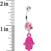 Load image into Gallery viewer, Pink Double Gem Powerful Blessing Pink Hamsa Hand Dangle Belly Ring
