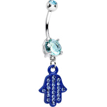 Load image into Gallery viewer, Aqua Double Gem Powerful Blessing Blue Hamsa Hand Dangle Belly Ring
