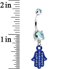 Load image into Gallery viewer, Aqua Double Gem Powerful Blessing Blue Hamsa Hand Dangle Belly Ring
