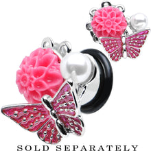 Load image into Gallery viewer, 00G Pink Acrylic Flower Pink Butterfly Single Flare Steel Plug
