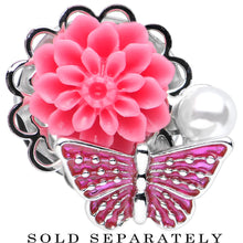 Load image into Gallery viewer, 9/16 Pink Acrylic Flower Pink Butterfly Single Flare Steel Plug
