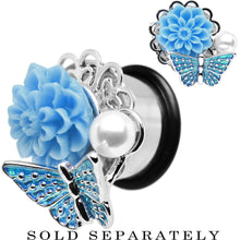 Load image into Gallery viewer, 9/16 Blue Acrylic Flower Aqua Butterfly Single Flare Steel Plug
