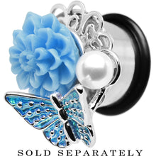 Load image into Gallery viewer, 9/16 Blue Acrylic Flower Aqua Butterfly Single Flare Steel Plug
