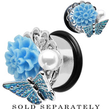 Load image into Gallery viewer, 5/8 Blue Acrylic Flower Aqua Butterfly Single Flare Steel Plug
