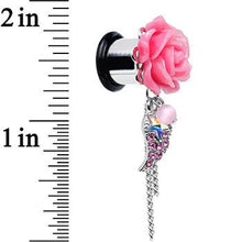 Load image into Gallery viewer, Pink Gem Angel Wing and Pink Rose Flower Single Flare Dangle Plug Sizes 0G to 16mm
