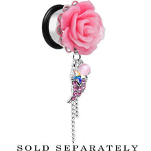 Load image into Gallery viewer, Pink Gem Angel Wing and Pink Rose Flower Single Flare Dangle Plug Sizes 0G to 16mm
