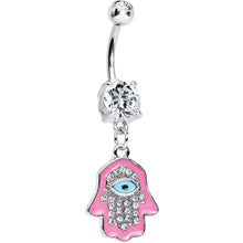 Load image into Gallery viewer, Clear Cubic Zirconia Blessed Pink Hamsa Hand Dangle Belly Ring
