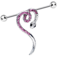 Load image into Gallery viewer, Pink Gem Heart Coiled Snake Industrial Barbell
