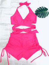 Load image into Gallery viewer, Coastal Curve Halter Bikini Set for Women – V-Neck Crisscross Drawstring Swimsuit with Chic Ring Detail &amp; High-Waisted Boxer Shorts for Summer – Sleek Two-Piece Nylon Swimwear for Women’s Beach &amp; Poolside Style
