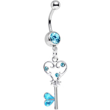 Load image into Gallery viewer, Aqua Gem Fancy Curlicue Heart Key Dangle Belly Ring
